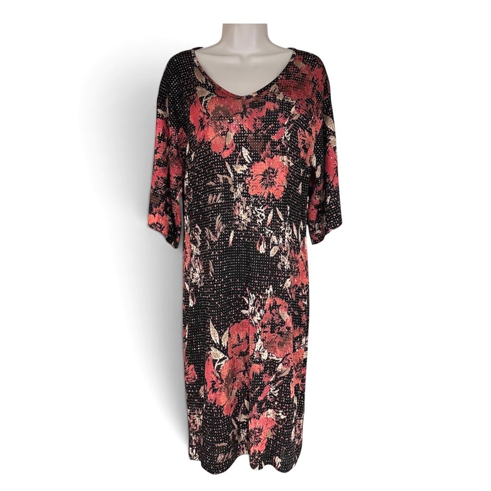 St John Evening Dress Women's 4 Paillettes Floral Sequin Knit V-Neck Sheath USA